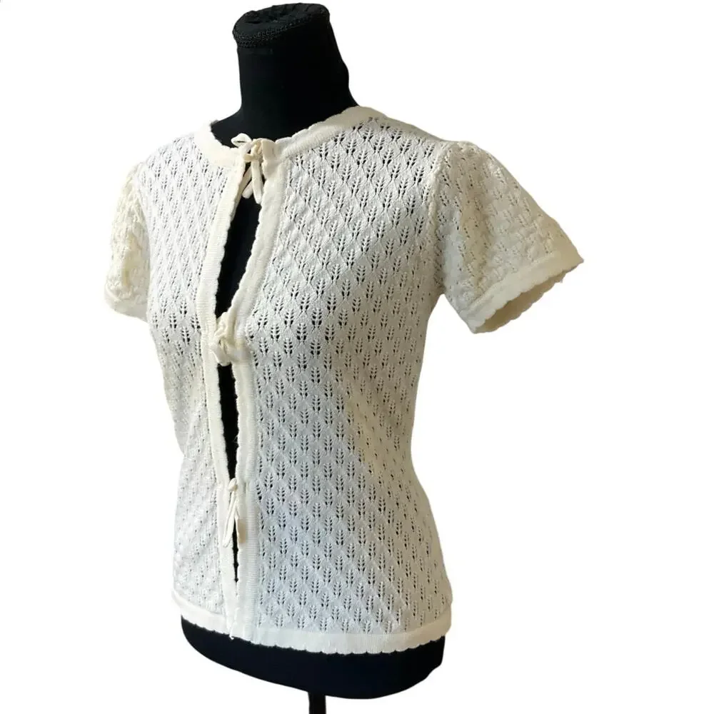 Princess Polly Ivory Tie Front Knit Top S Crochet Short Sleeve Sweater NWT